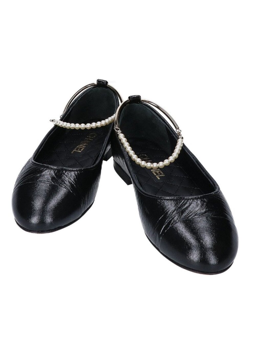 Chanel 23C Ballerina Ankle Pearl Bijou CC Logo Flat Shoes